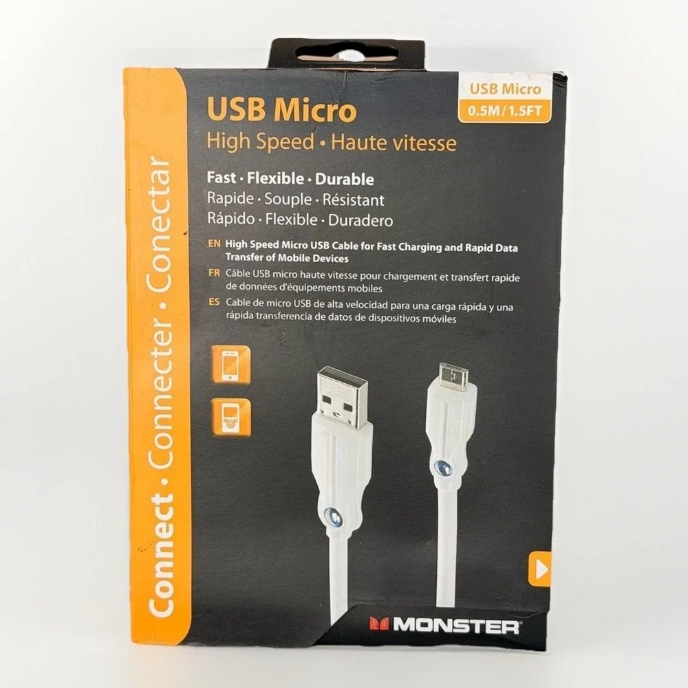 Pack of 2 Monster Micro USB Cables High Speed Fast Charge Flexible Durable White